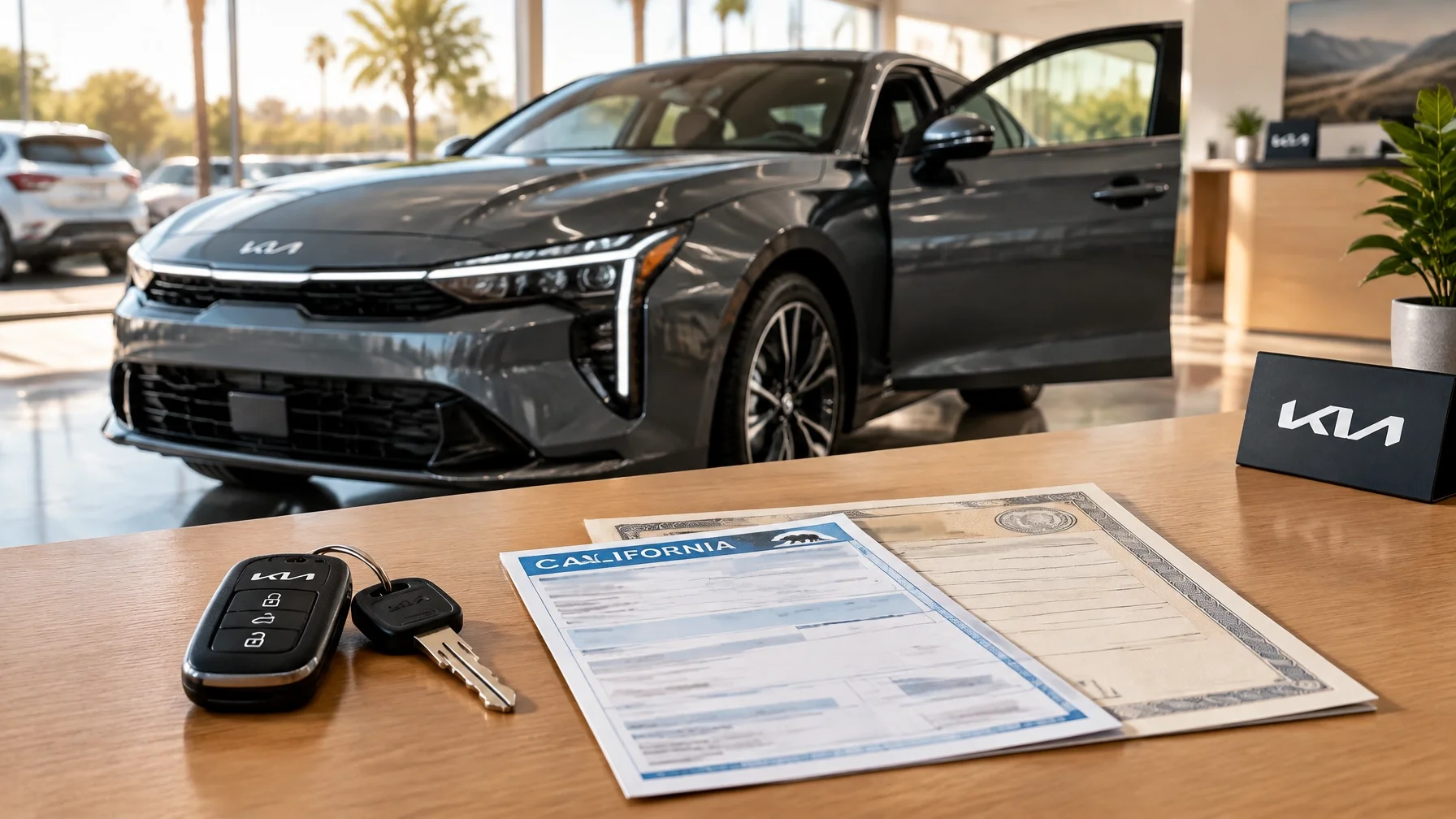 Vehicle keys and generic paperwork beside a real-world Kia sedan, ready for a vehicle appraisal