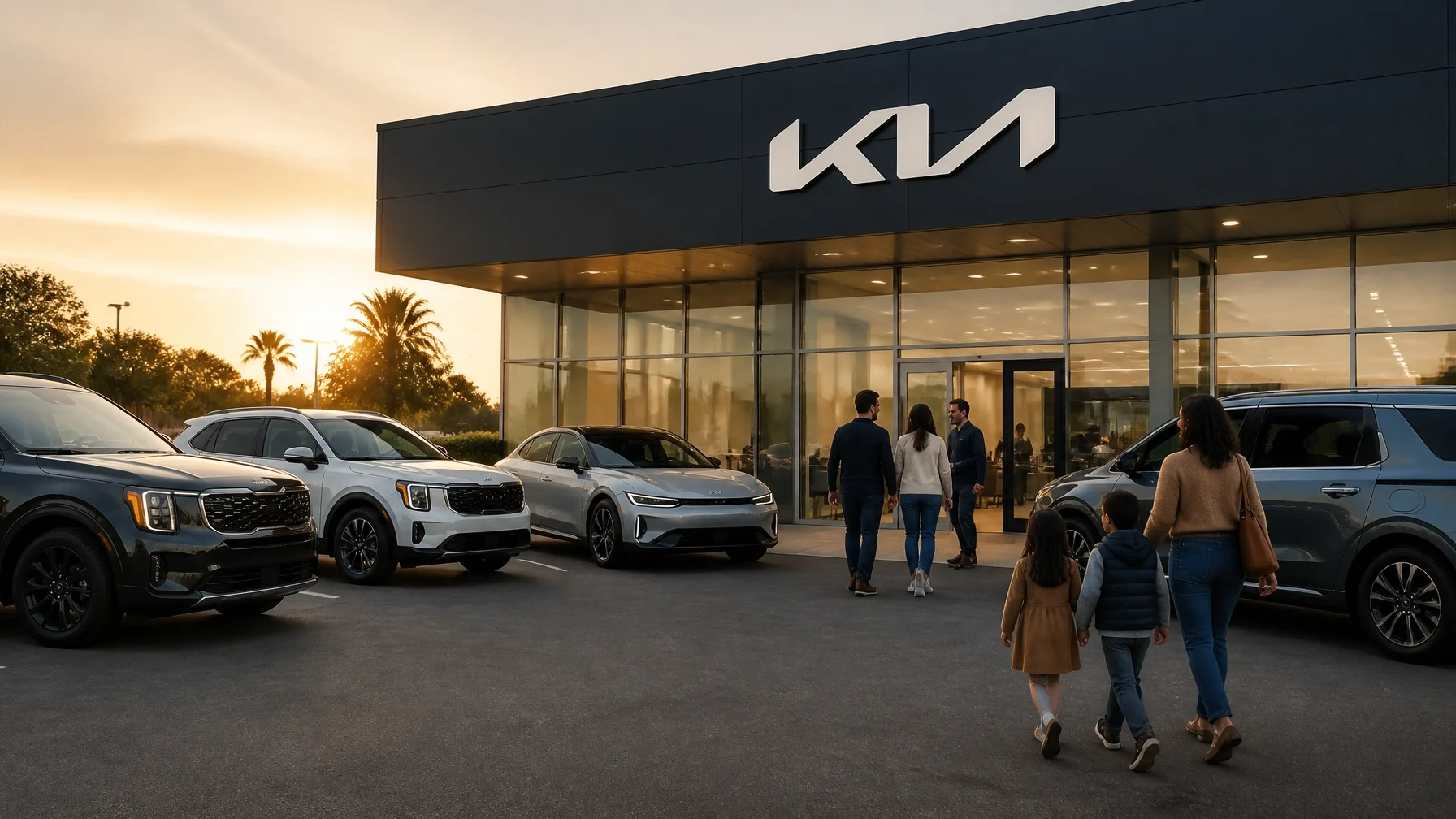 A diverse group of customers arriving at a welcoming Kia dealership in Roseville