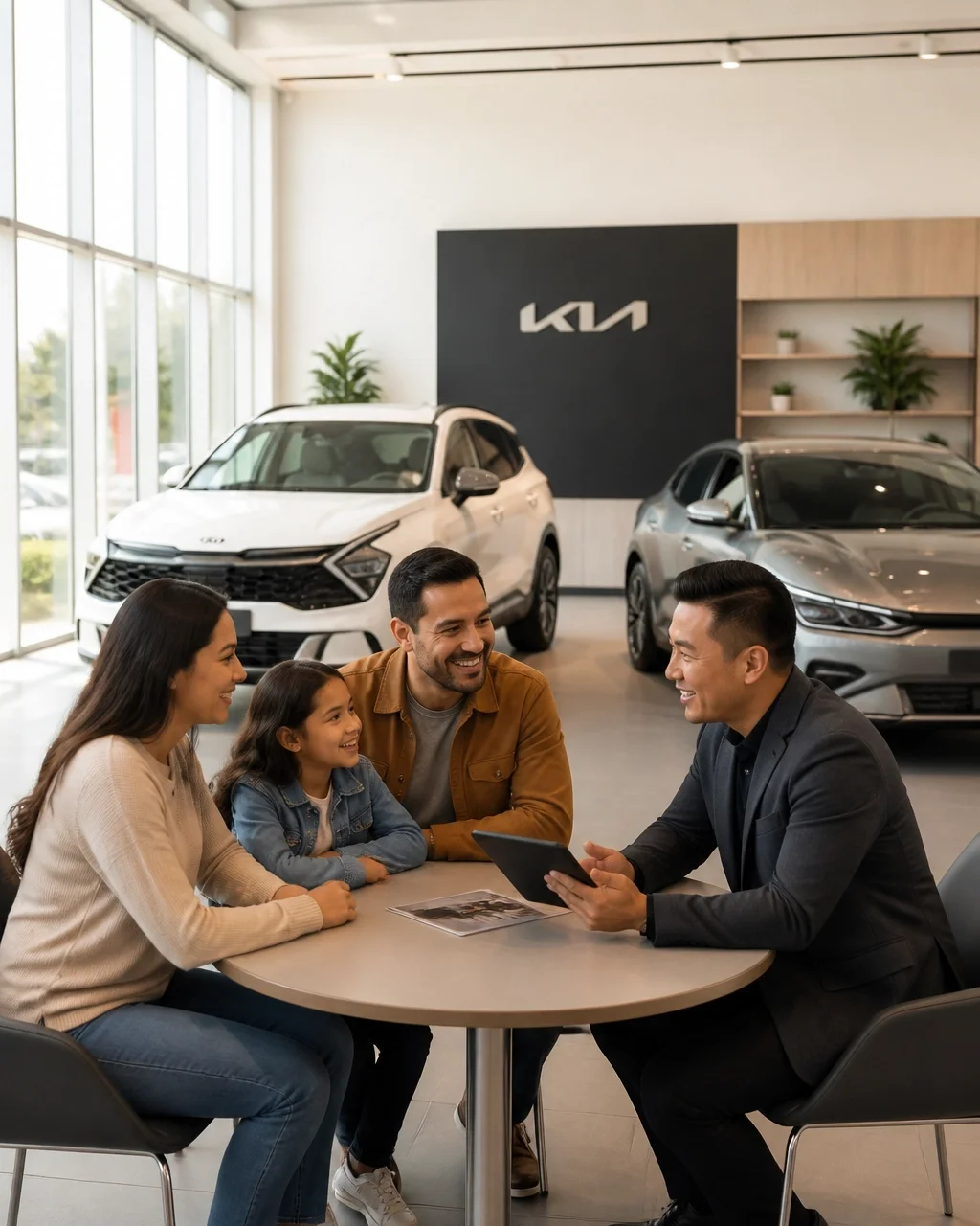 A diverse family discussing Kia vehicle options with a sales consultant in a showroom