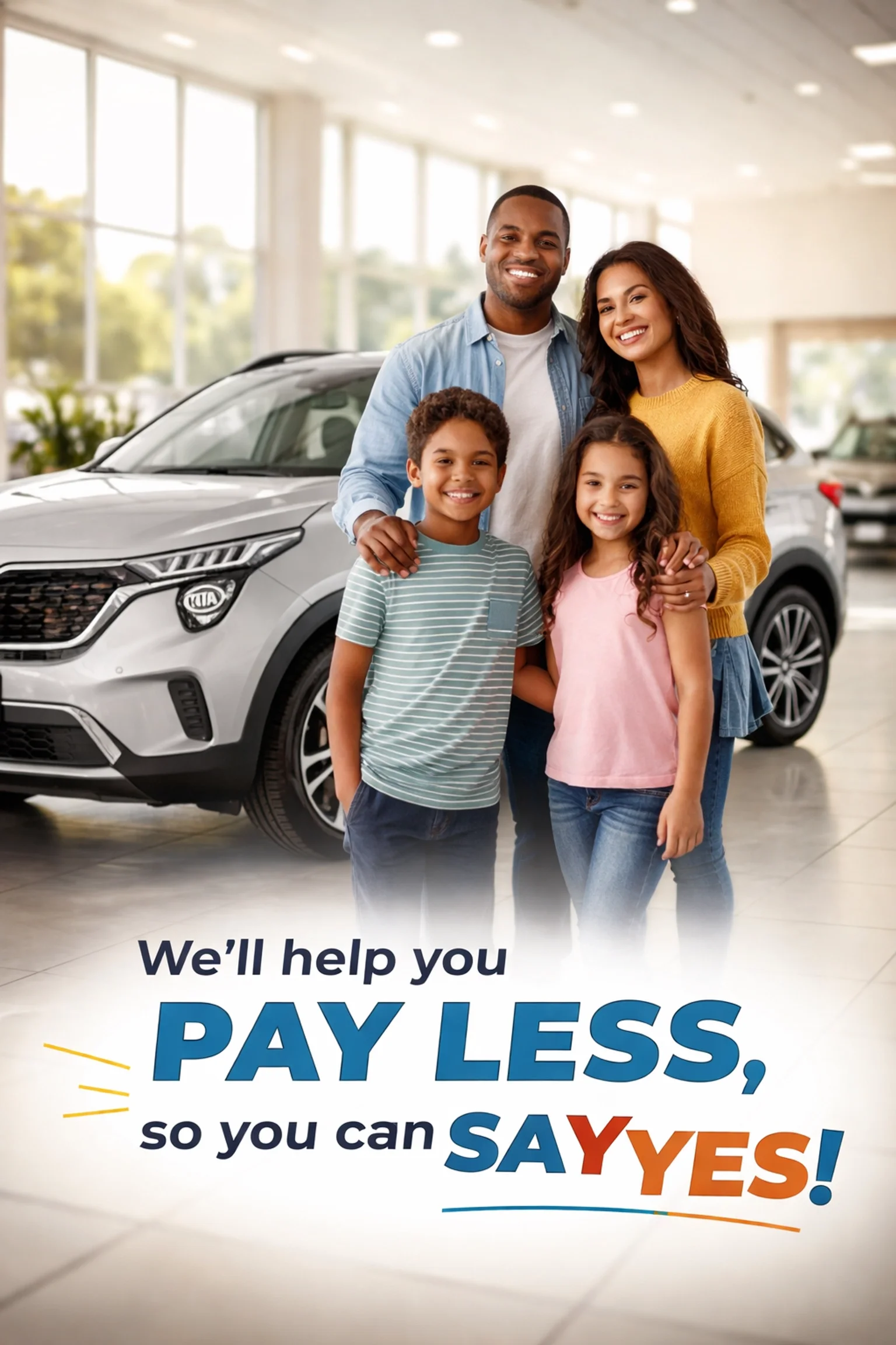 Happy family exploring Kia SUV options at a Sacramento area Kia dealership showroom