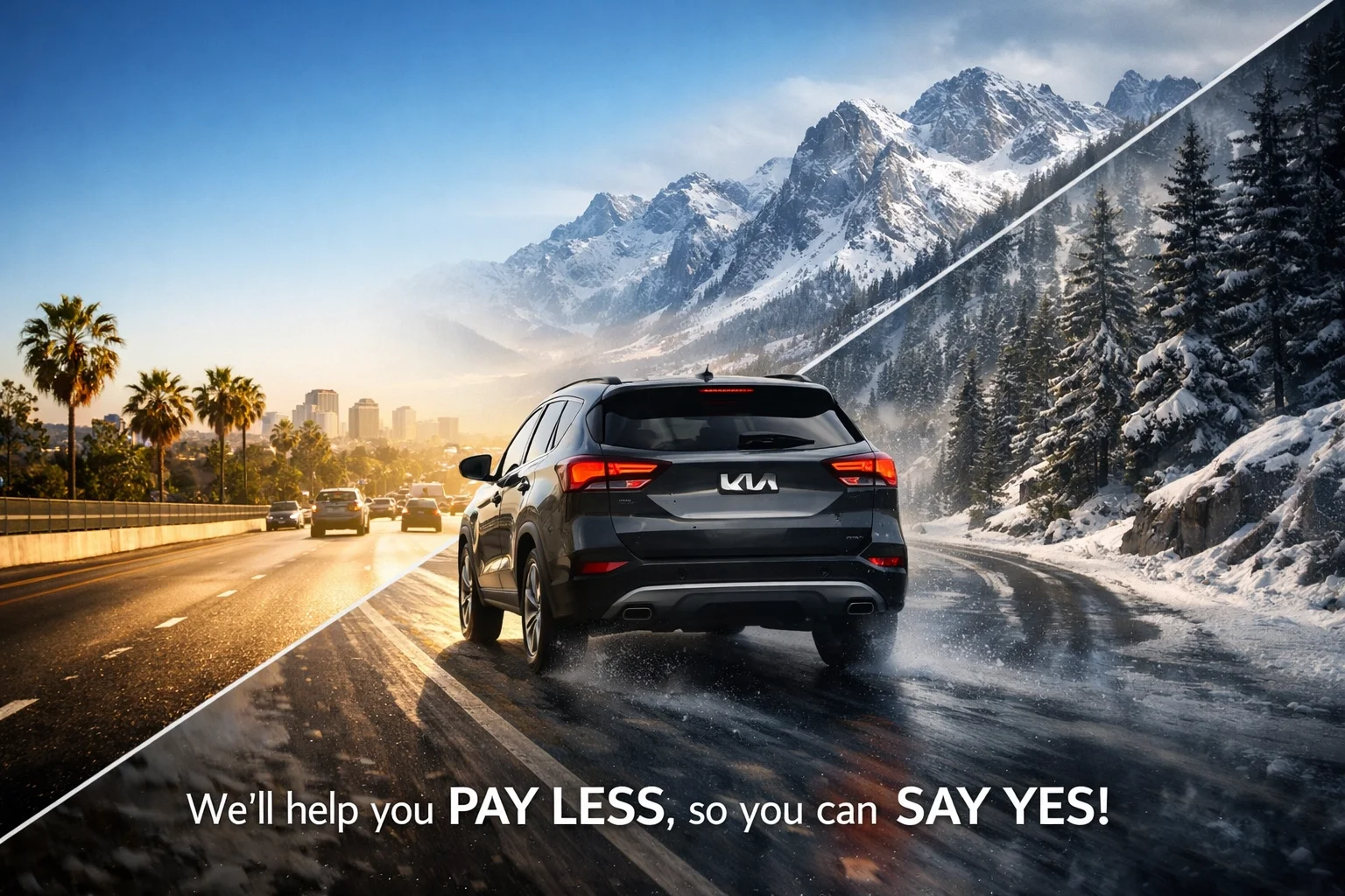 Modern Kia SUV driving from sunny Sacramento to snowy Sierra Nevada mountain passes.