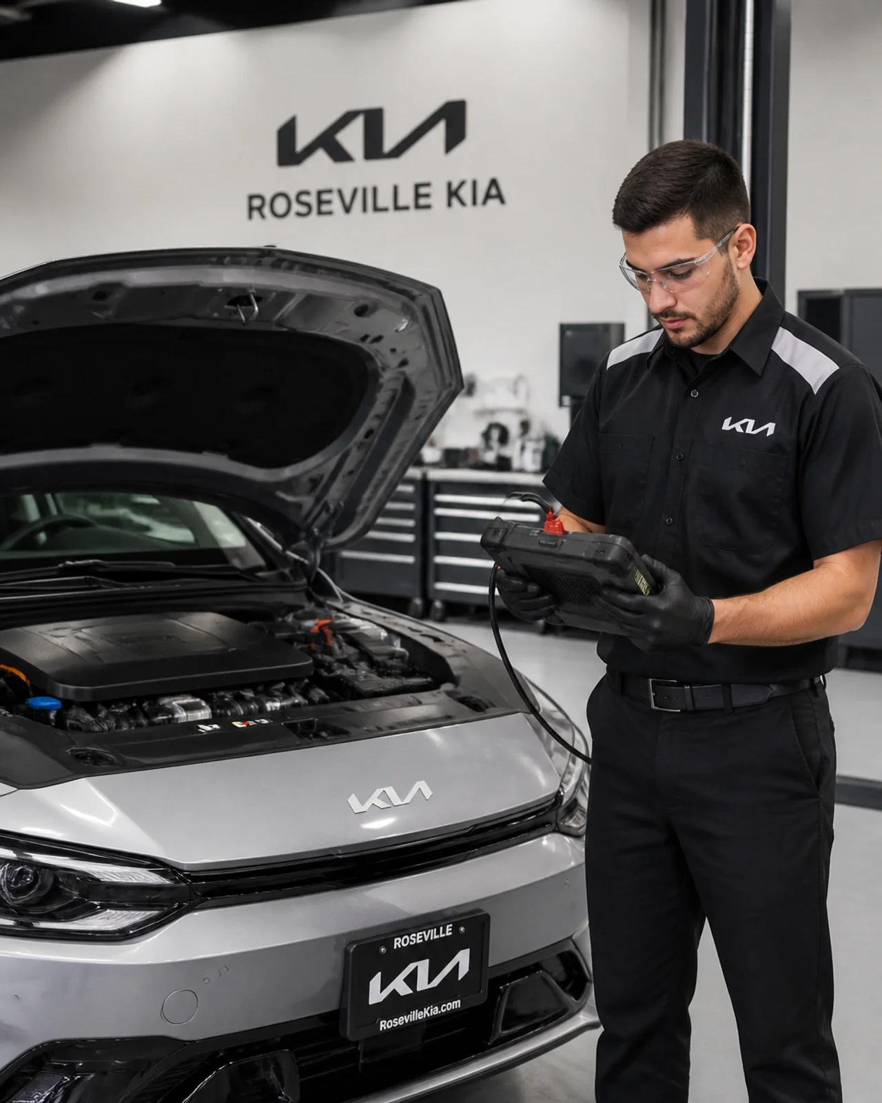 A Kia service technician checking the engine and battery of a silver Kia EV6