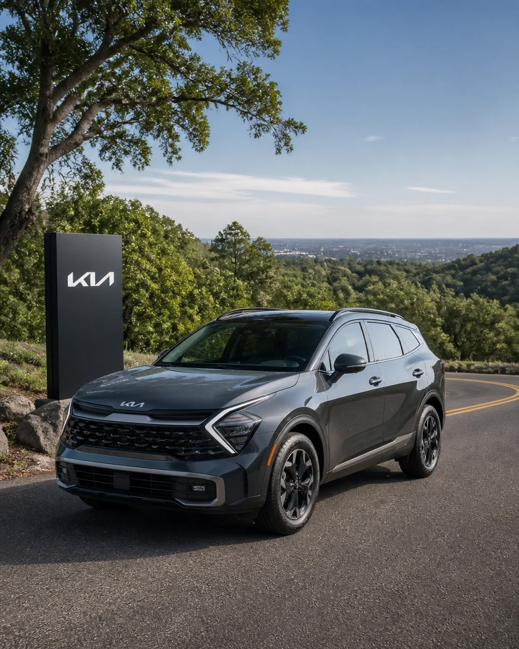 A Kia Sportage Hybrid on a scenic Northern California road