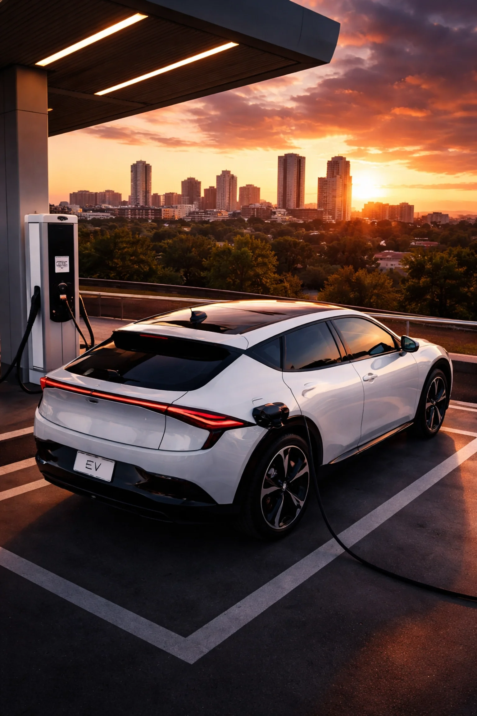 Kia EV6 charging at a modern Sacramento station with city skyline, highlighting electric vehicle options at Sacramento Kia dealers.