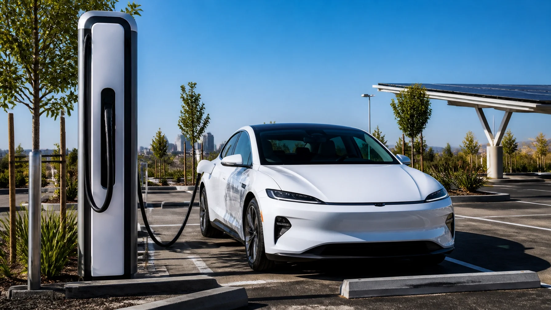 A modern electric vehicle charging at a sleek public charging station on a sunny day in Northern California near Sacramento