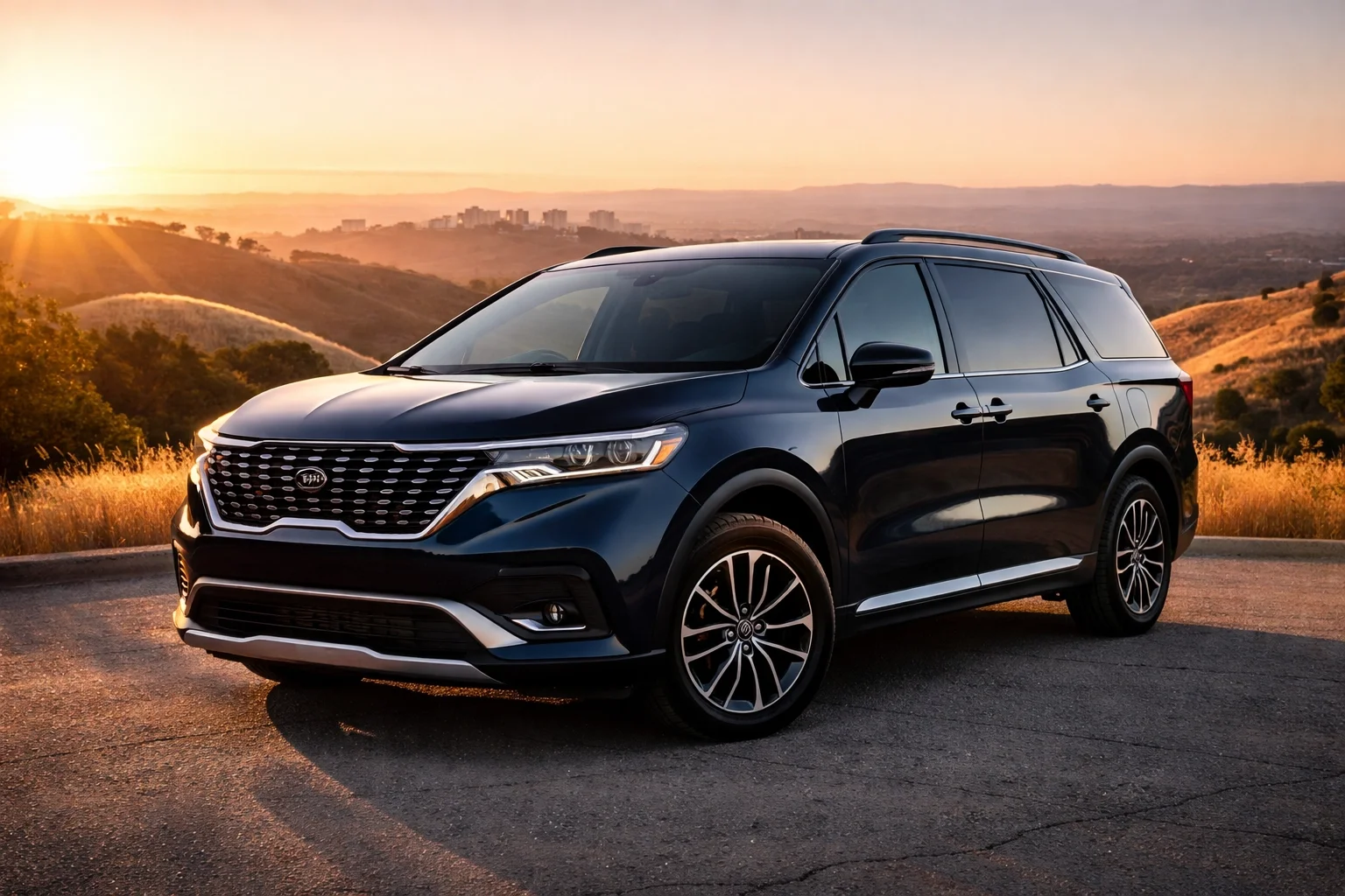 Kia Carnival minivan parked at a Northern California overlook at sunset, showing SUV styling and Sacramento hills.