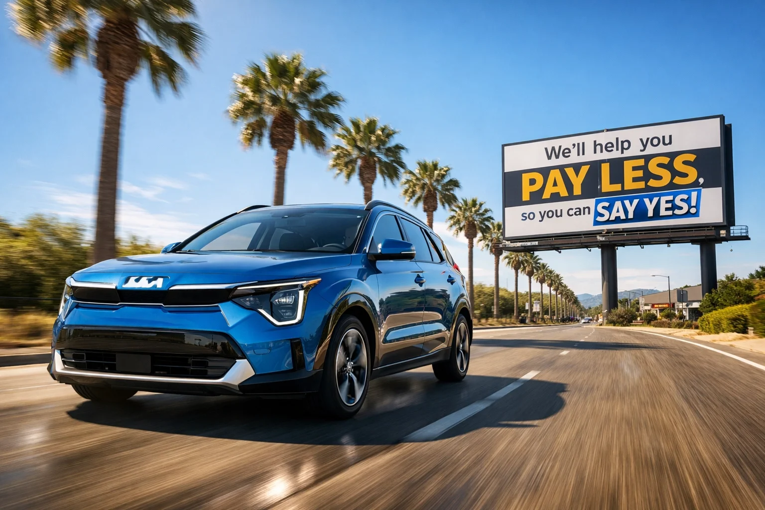 Fuel-efficient 2026 Kia Niro Hybrid driving on a sunny road in Roseville, California.