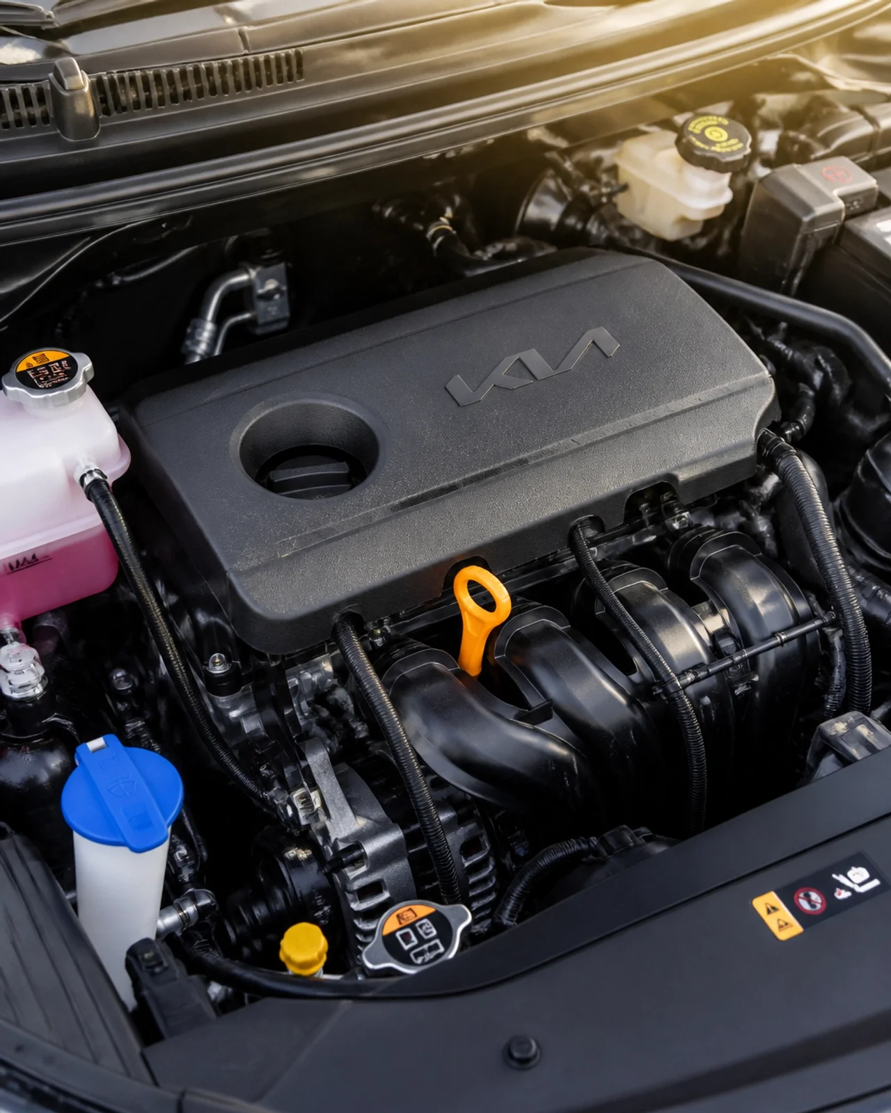 Close-up of a Kia engine bay showing fluid reservoirs and dipsticks