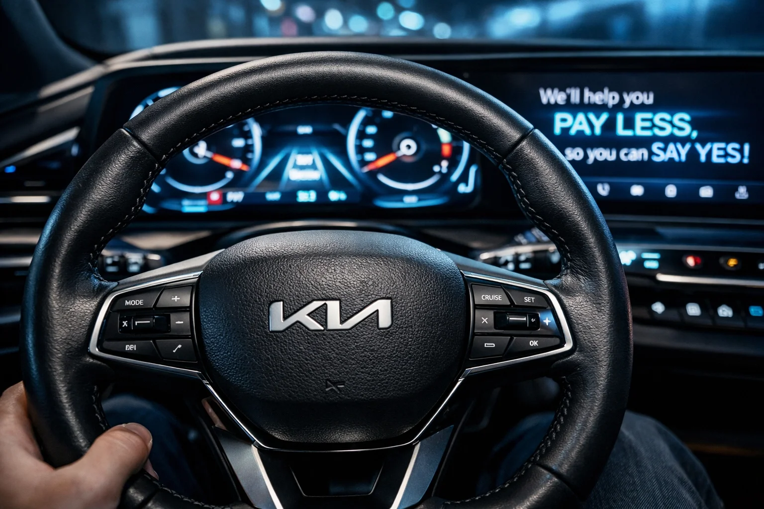 Modern interior and digital dashboard of a 2026 Kia featuring the new Kia logo.