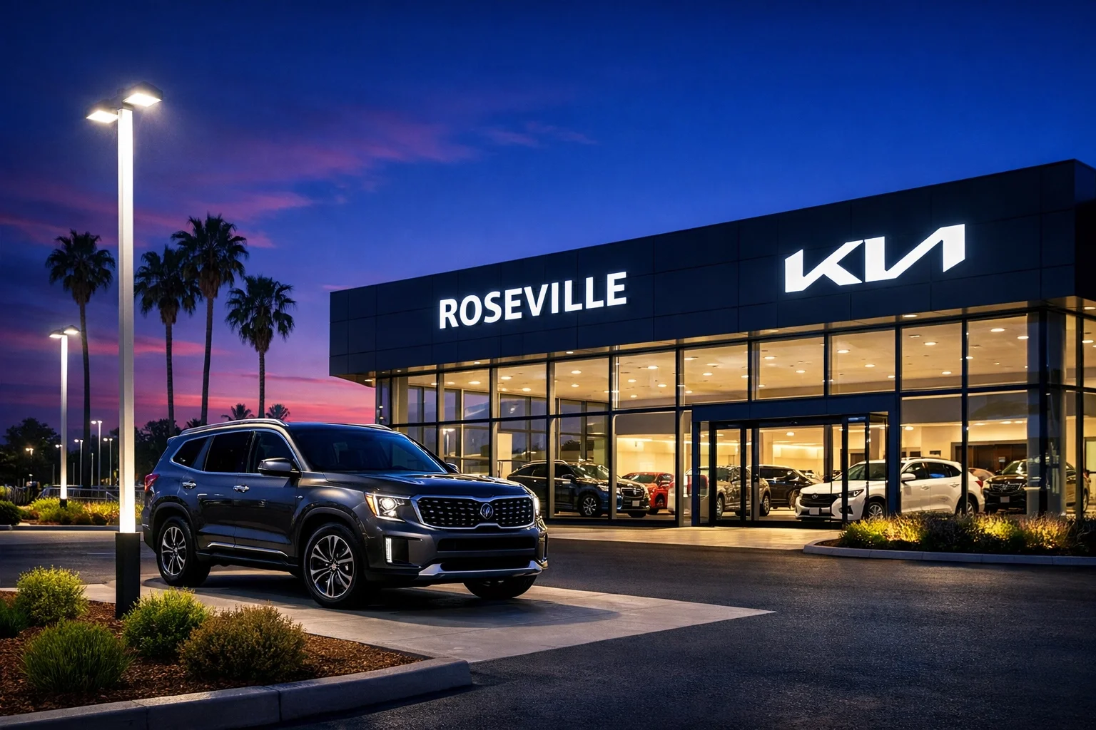 Exterior view of Roseville Kia, a premier Kia dealer in Sacramento showcasing new 2027 models.
