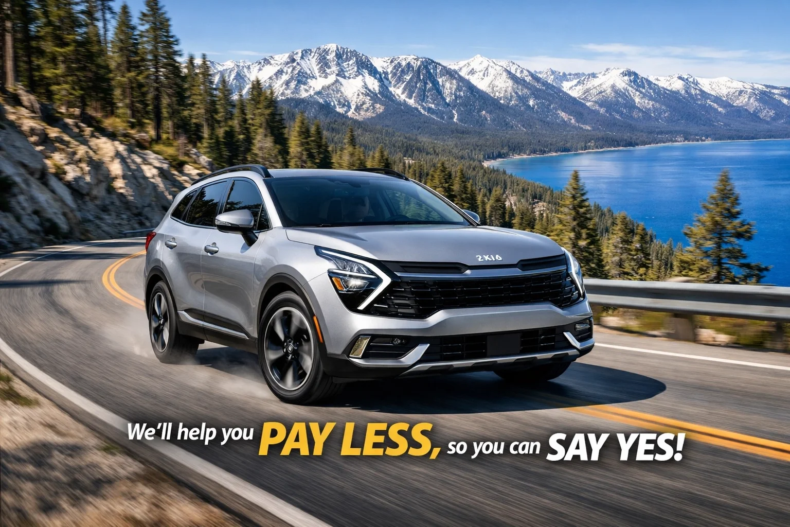 2026 Kia Sportage AWD driving on mountain road to Lake Tahoe from Sacramento