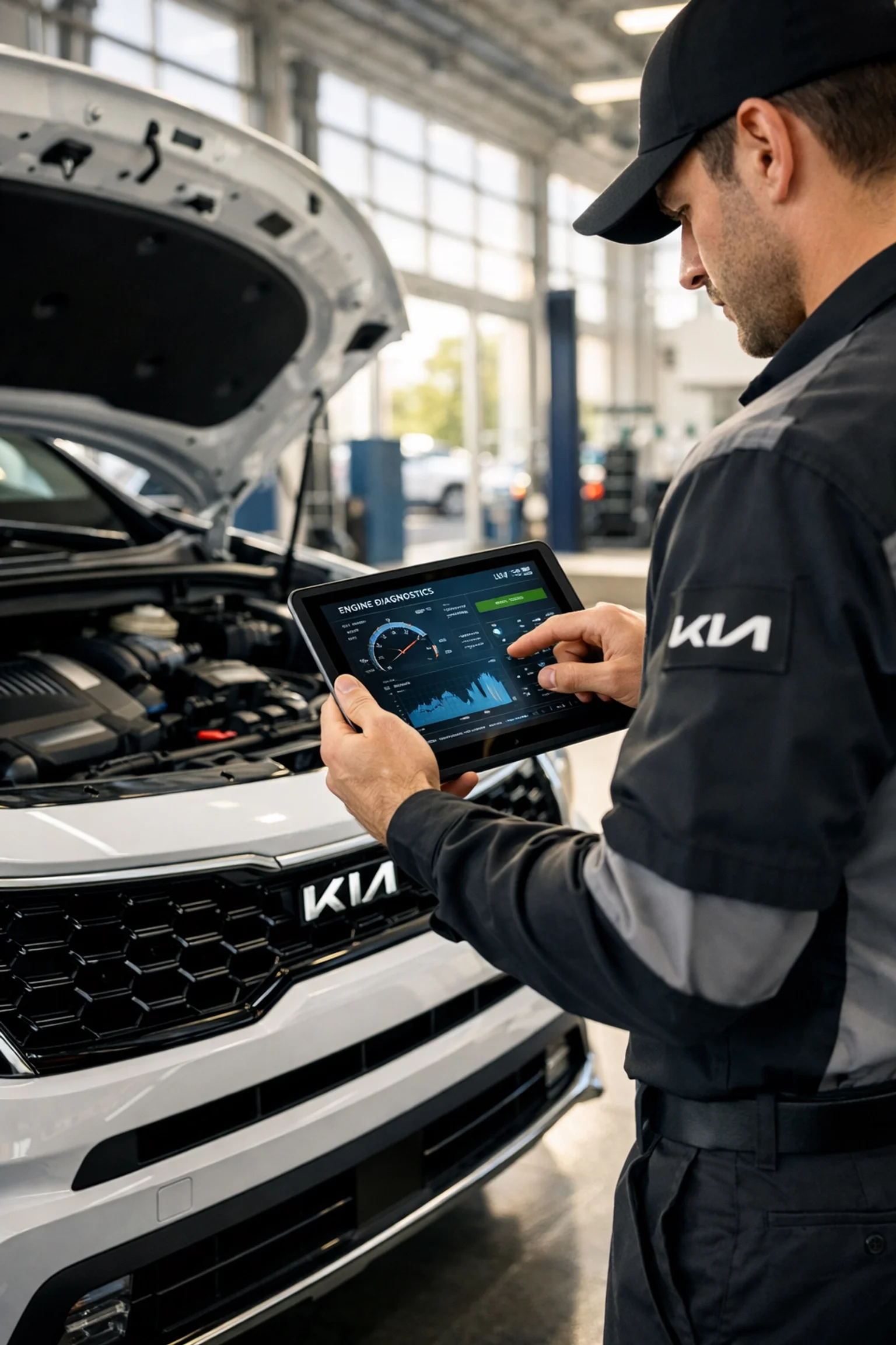 A professional Kia technician performing AC diagnostics on a white Sorento in a modern service center.