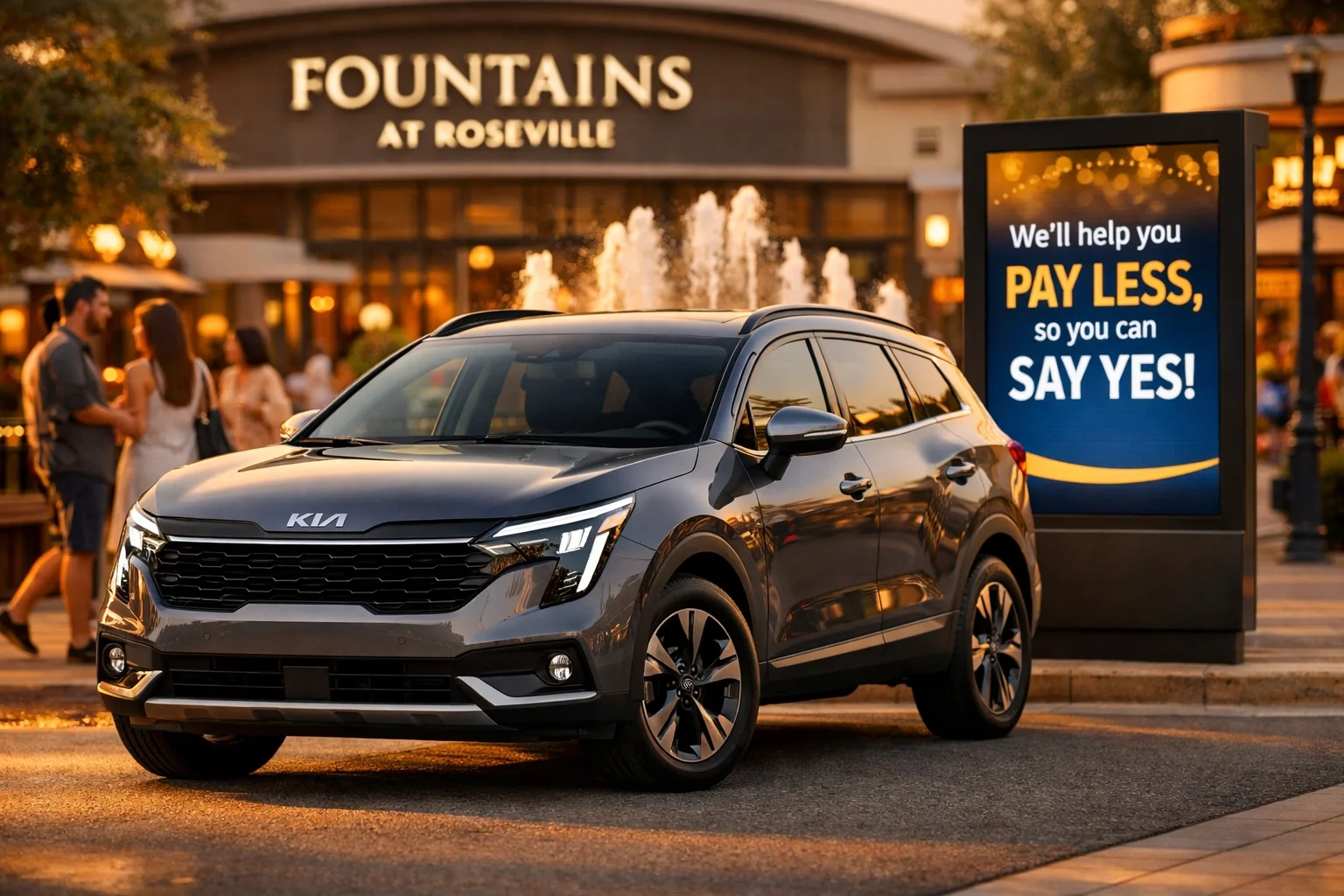 Modern 2026 Kia Sportage Hybrid SUV parked at the Fountains at Roseville shopping mall.