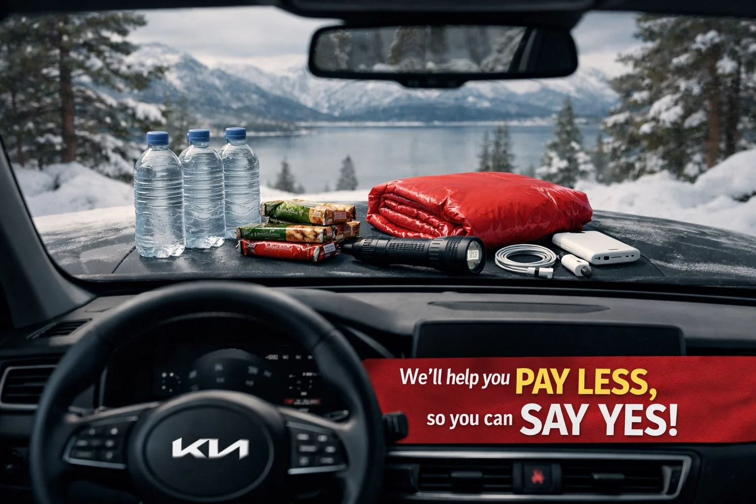 Winter emergency kit with water, blankets, and supplies for Tahoe road trips