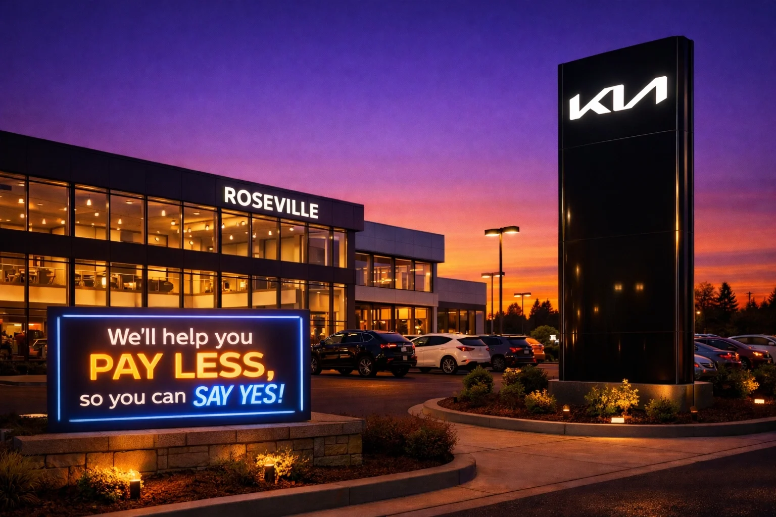 The Roseville Kia dealership exterior at sunset featuring the new Kia logo and signage.
