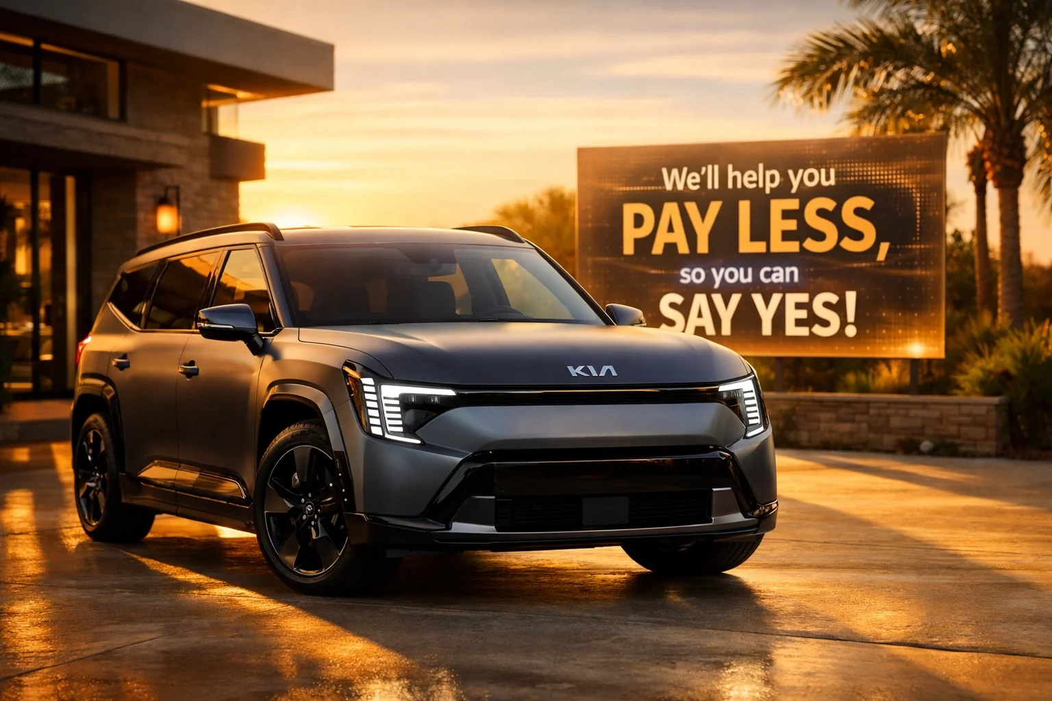 Sleek Kia EV9 electric SUV in a driveway, highlighting big EV cash offers at Roseville Kia.