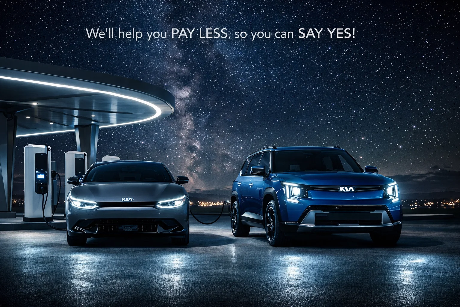 Electric Kia EV6 and EV9 SUVs at a modern charging station in Sacramento, highlighting gas-free commuting.