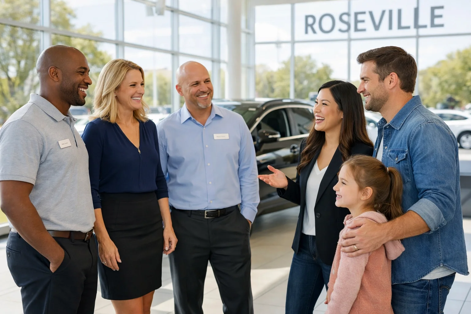 Multilingual staff helping a local family at our kia dealer sacramento showroom in Roseville.