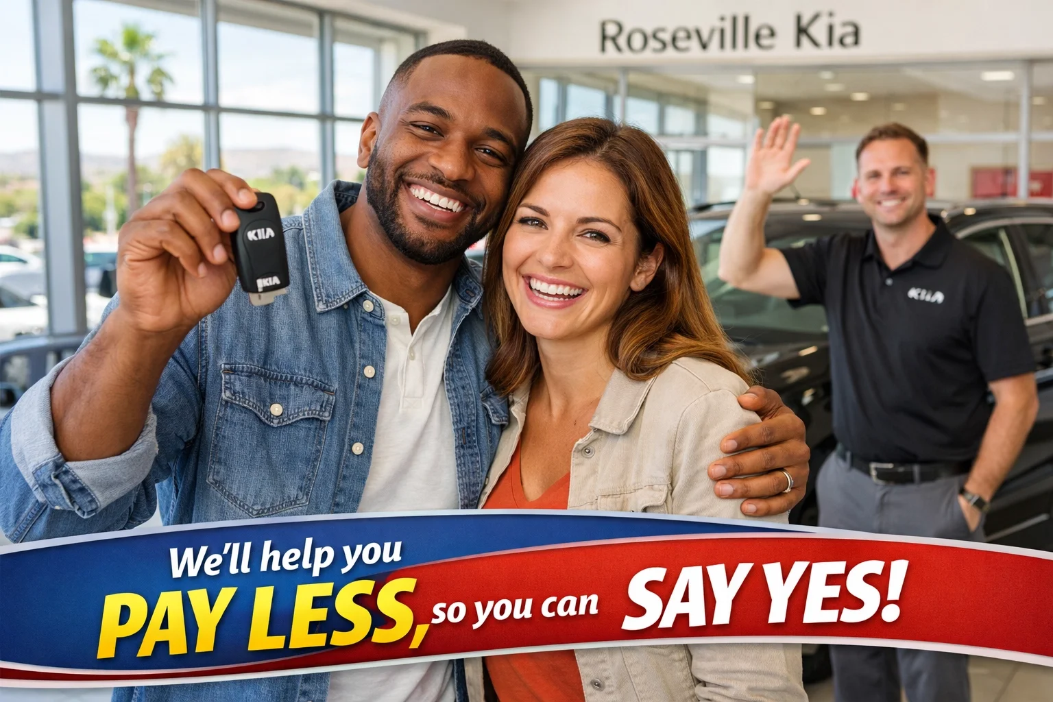 Happy customers at Roseville Kia showroom picking up their new fuel-efficient car with a 10-year warranty.
