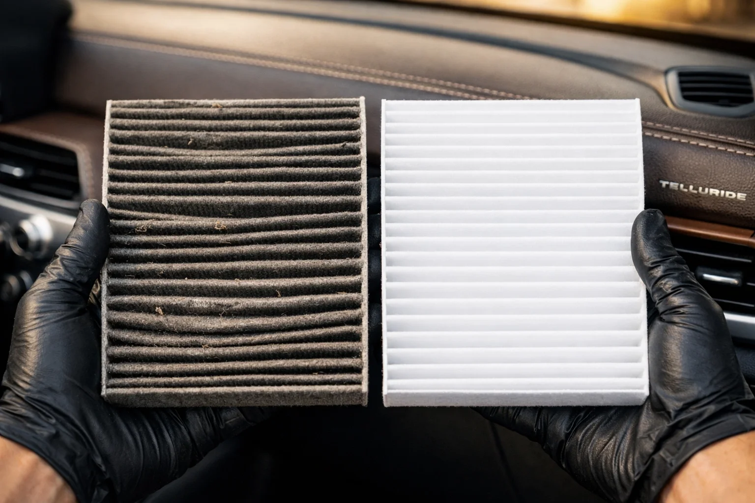 Comparison of a dirty old cabin air filter versus a clean new Kia air filter for better summer airflow.