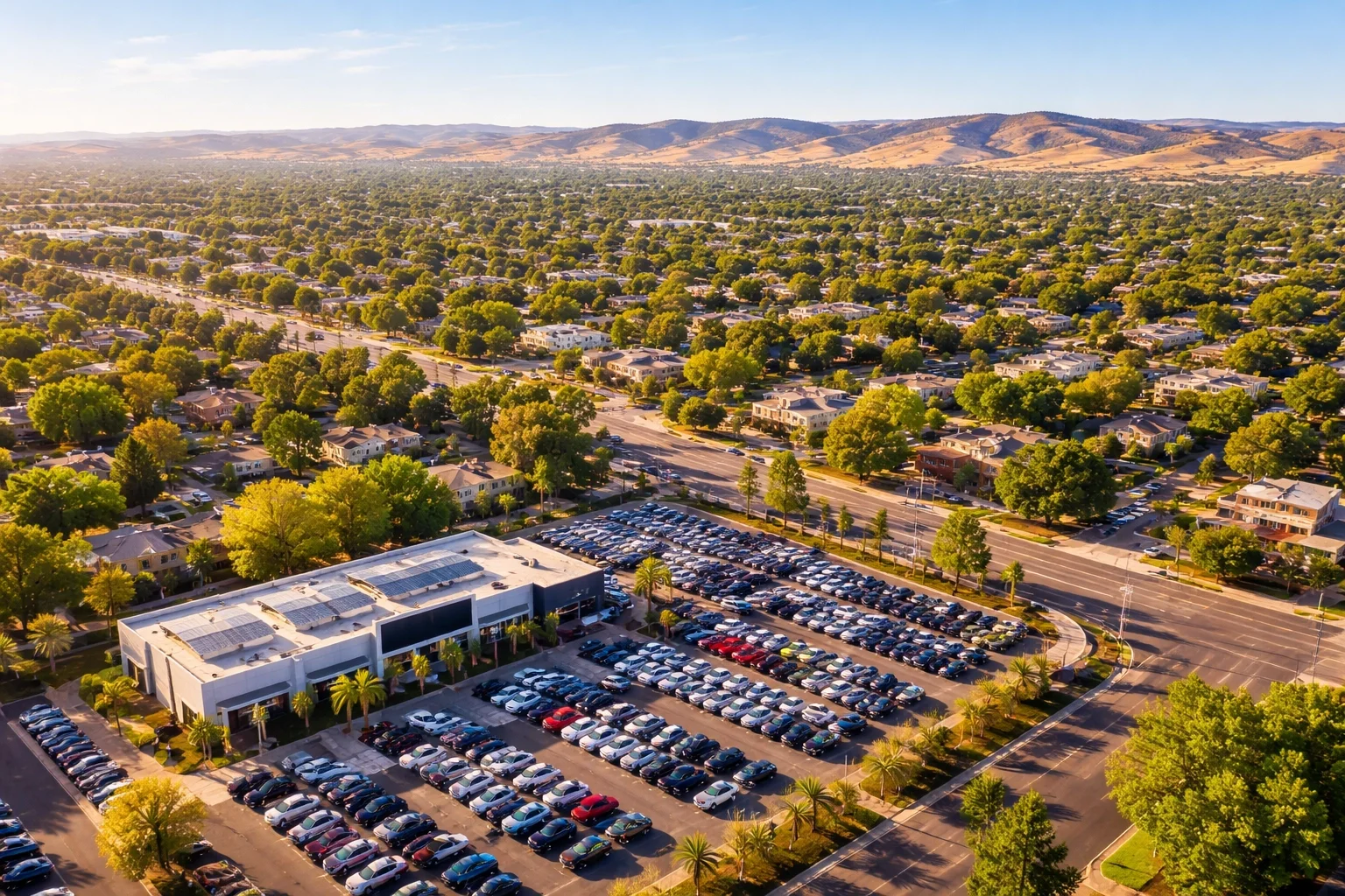 Aerial view of Sacramento and Roseville area showing a top-rated Kia dealership location with easy access for Sacramento drivers.
