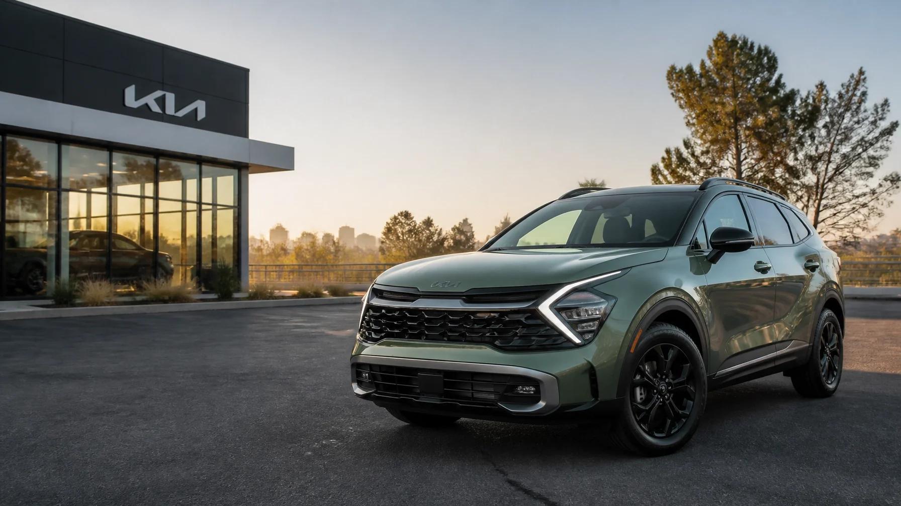 A Kia Sportage outside a modern Northern California dealership at golden hour