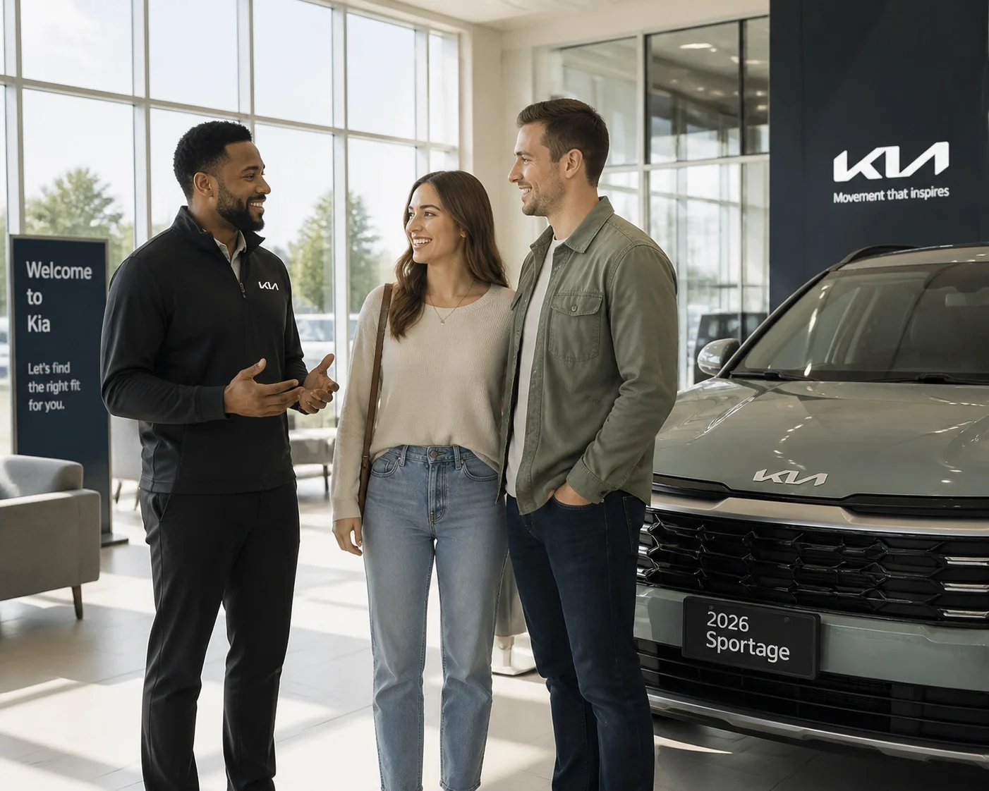 Happy couple discussing financing for a new Kia with a professional at Roseville Kia showroom.