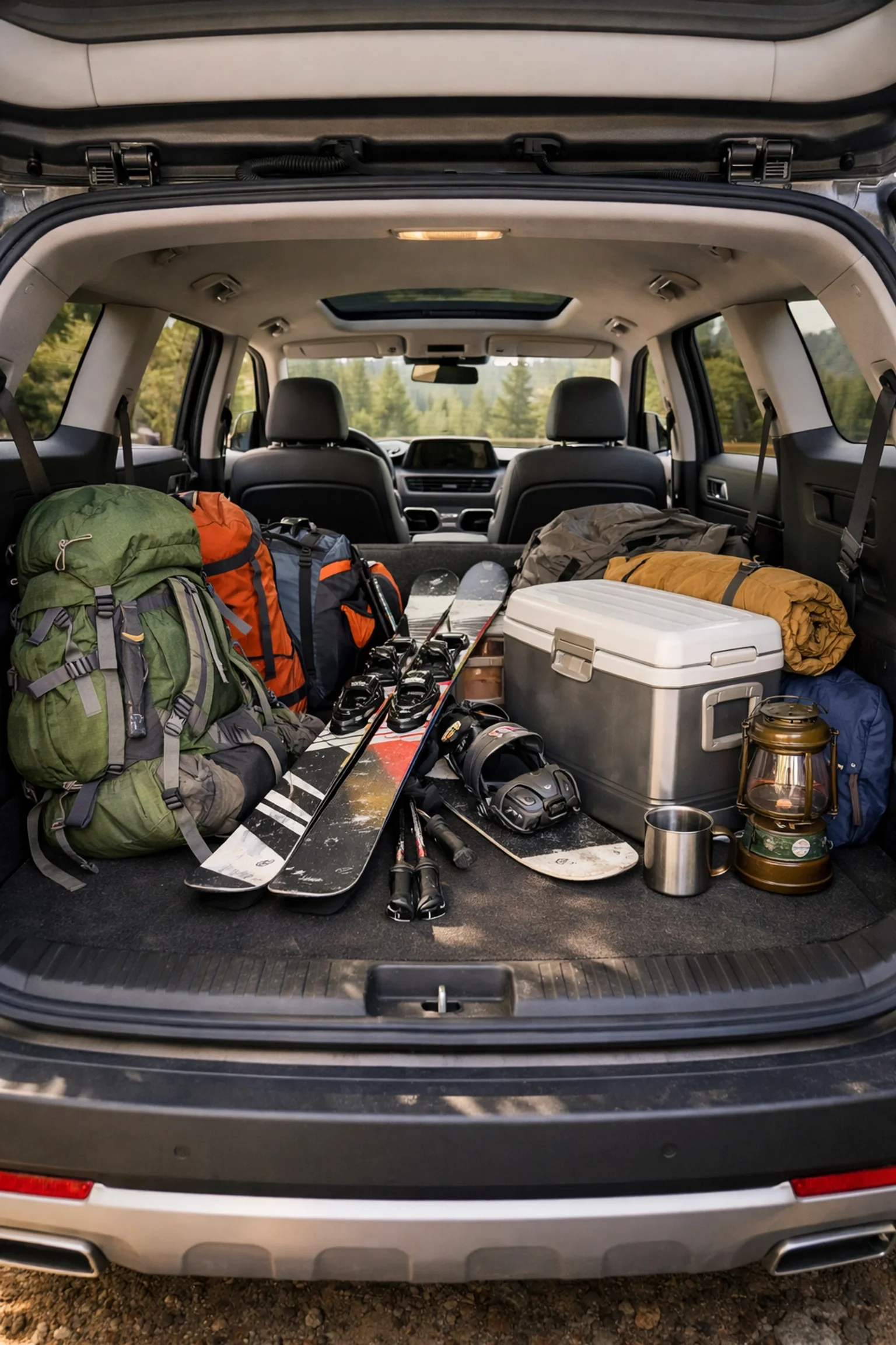 Kia Telluride cargo area loaded with camping gear, skis, and adventure equipment