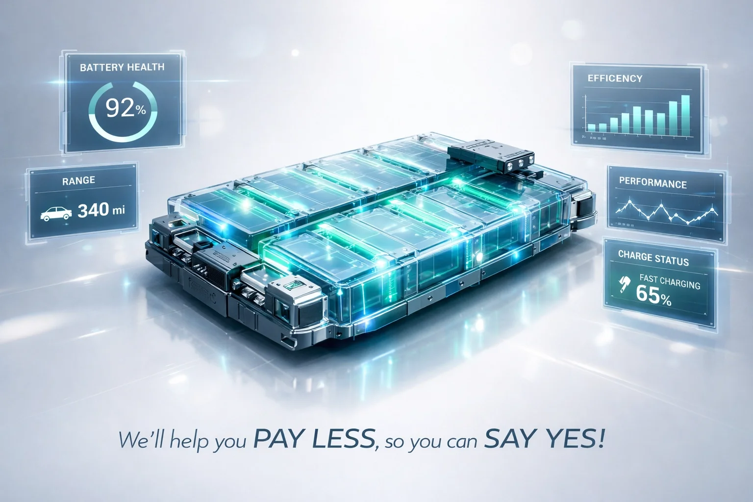 EV battery pack with comprehensive health metrics and data displayed on digital panels