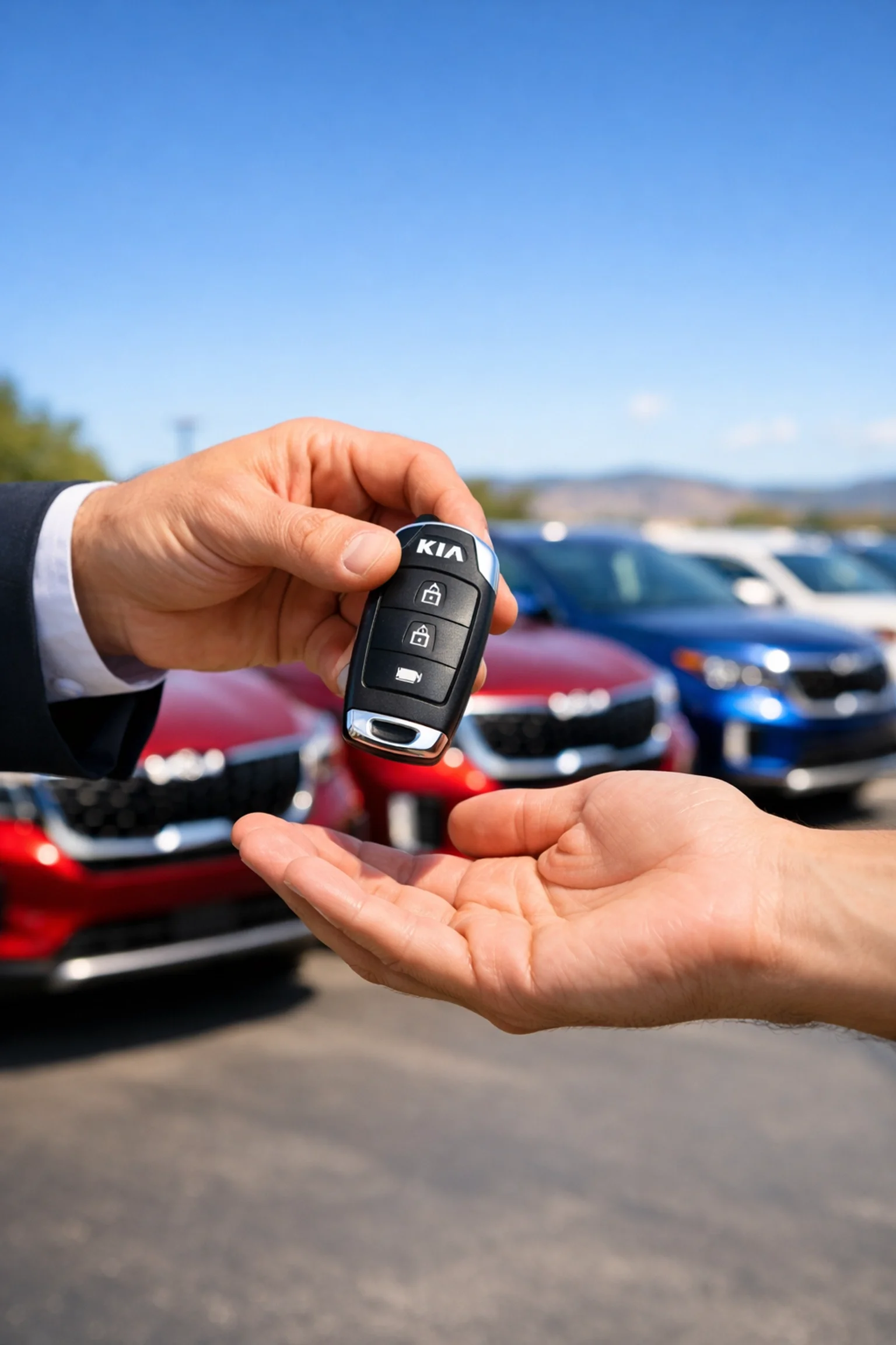 Happy customer receiving keys to a new SUV at our premier kia dealerships in sacramento ca.
