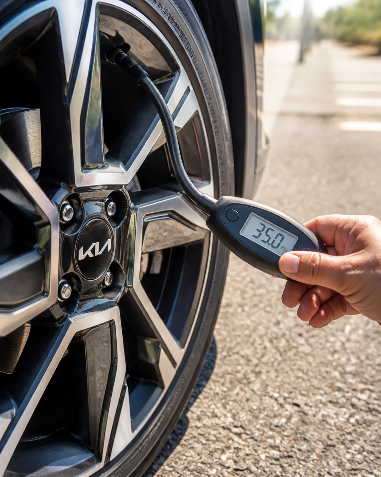 A digital tire pressure gauge being used on a modern Kia alloy wheel
