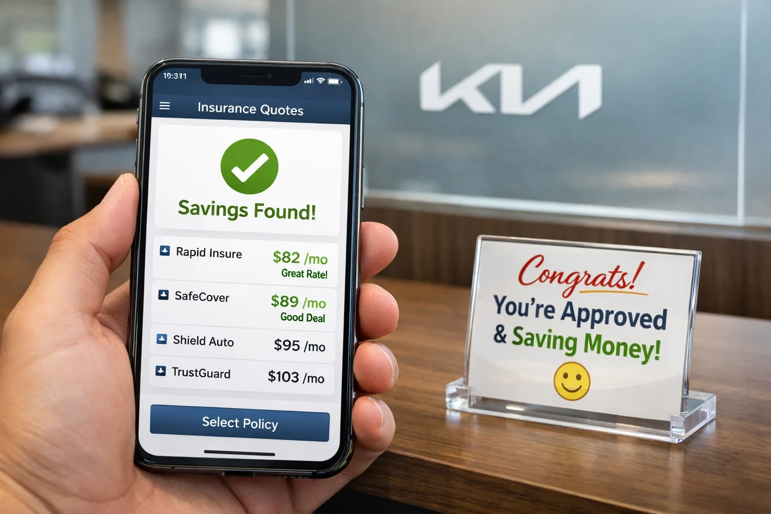 Smartphone showing insurance rate comparisons for a new car at a Roseville Kia sales desk.