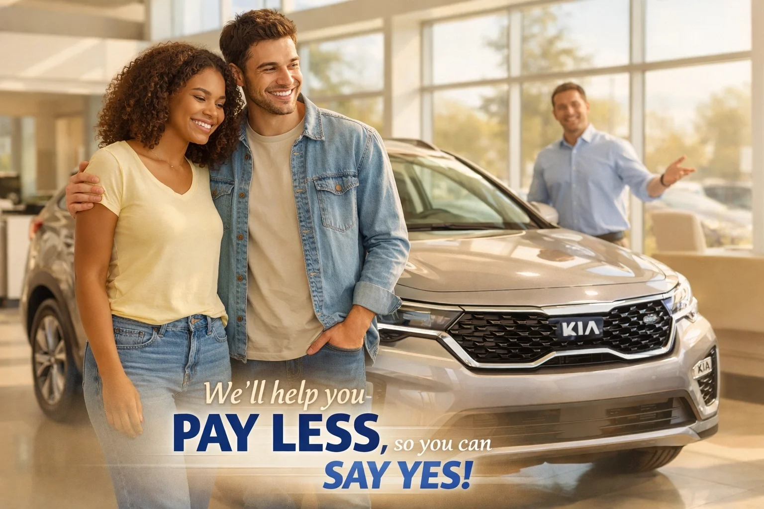 Couple shopping for Kia SUV at Sacramento dealership with bad credit auto financing approval