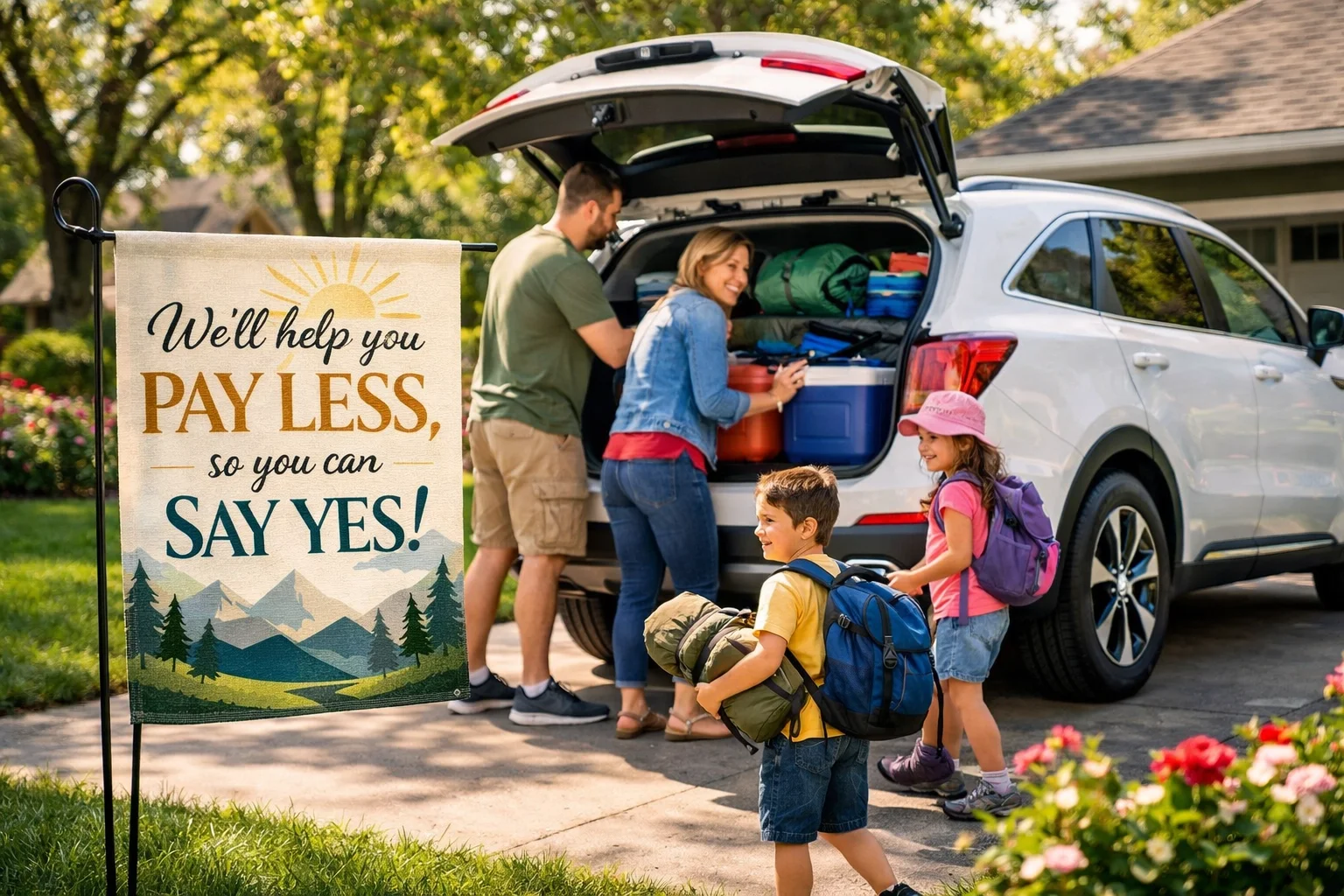 Family loading gear into a white Kia Sorento Hybrid in a Roseville neighborhood.