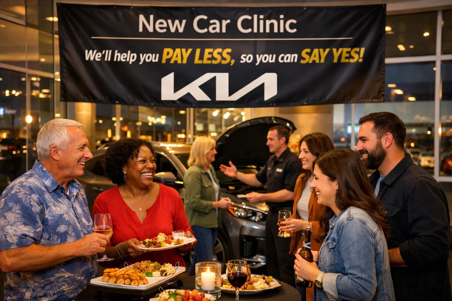 Sacramento Kia owners learning about car maintenance while enjoying food at the Roseville Kia New Car Clinic.