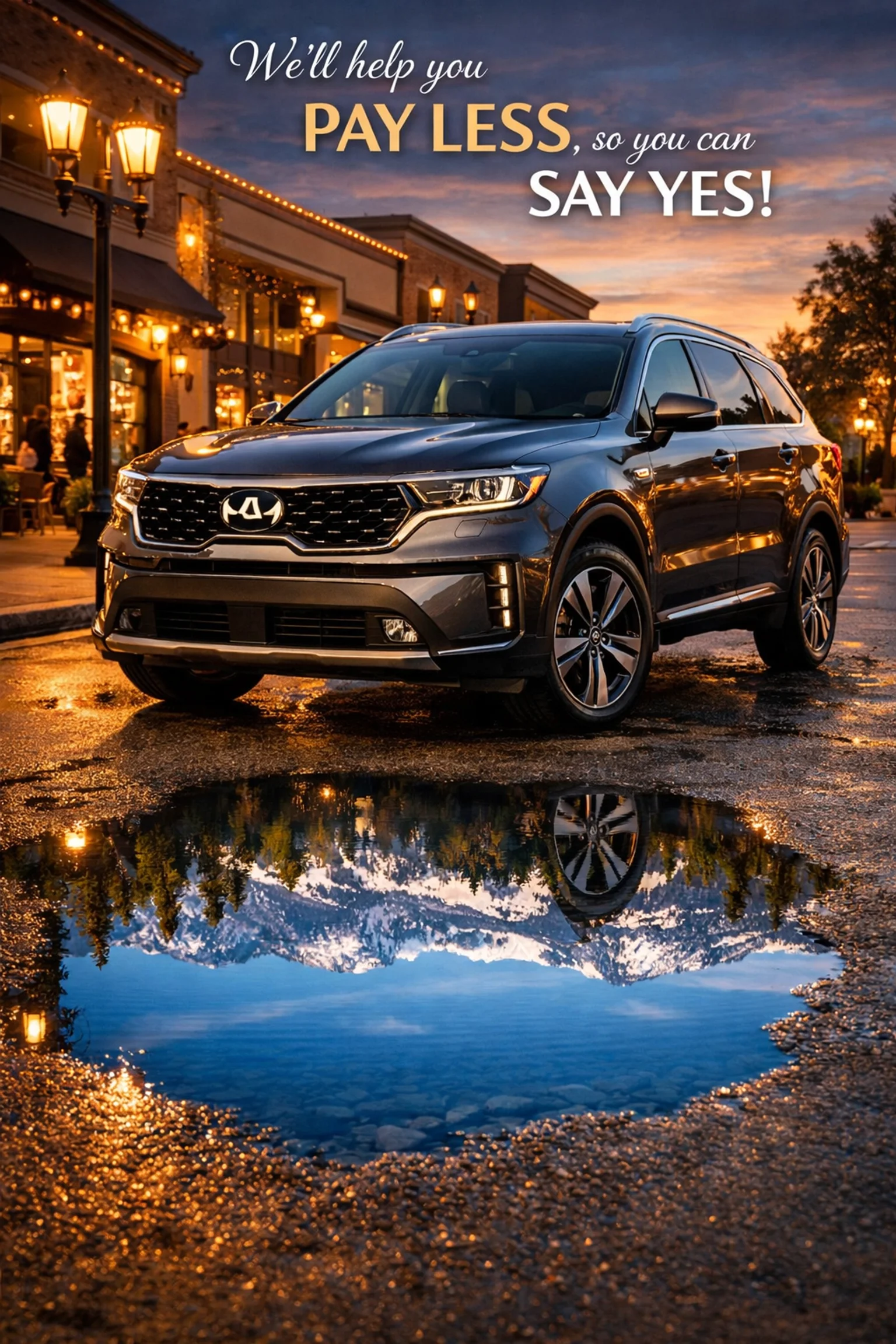 Kia Sorento Hybrid in Roseville with a reflection of snowy Lake Tahoe mountains.