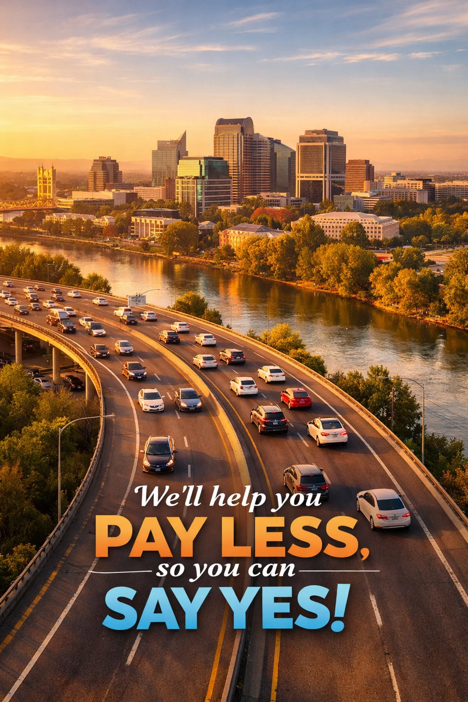 Sacramento downtown skyline with electric vehicles commuting on Interstate 80
