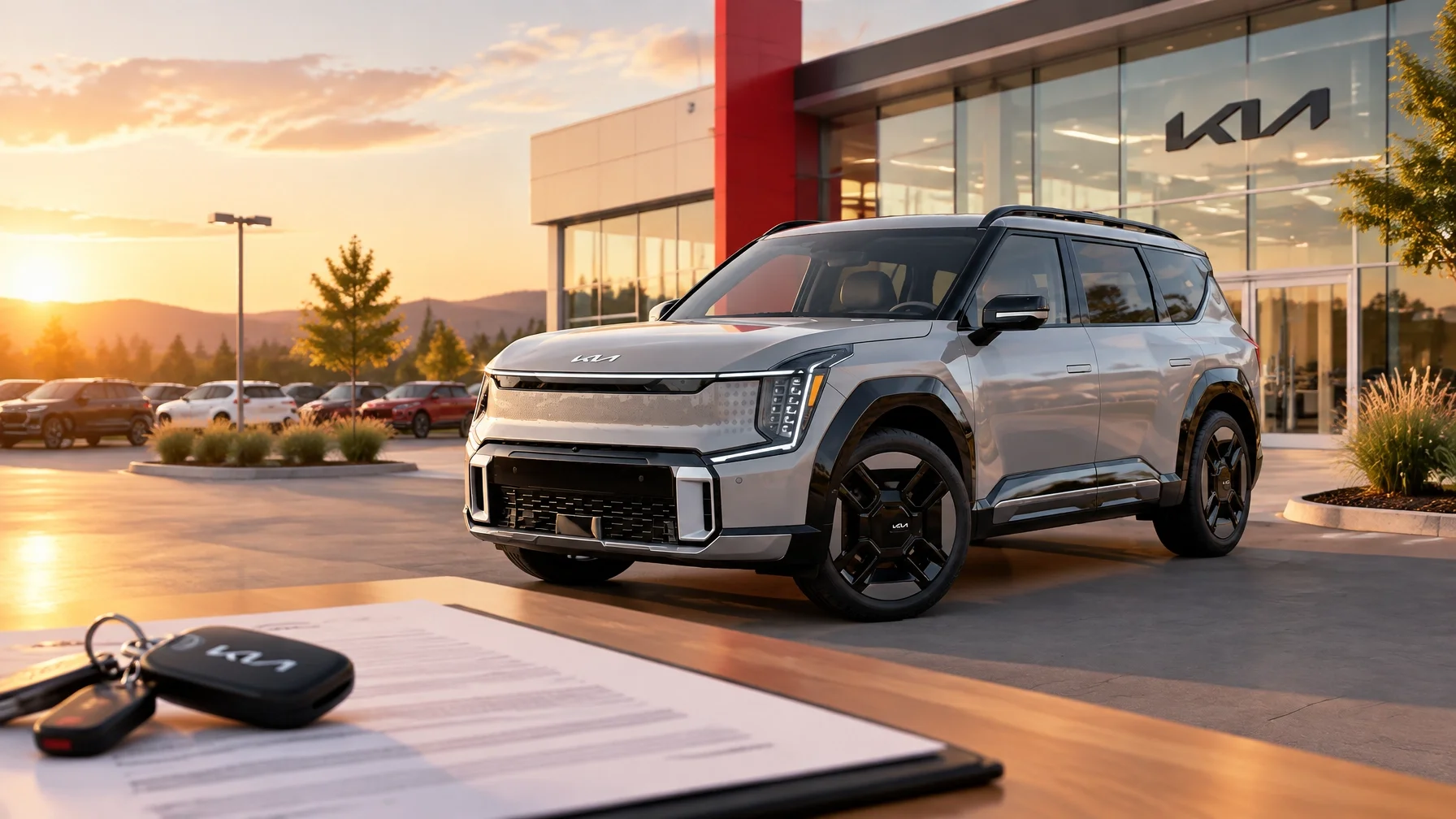 A real-world Kia vehicle outside a welcoming dealership with a purchase agreement and keys in the foreground