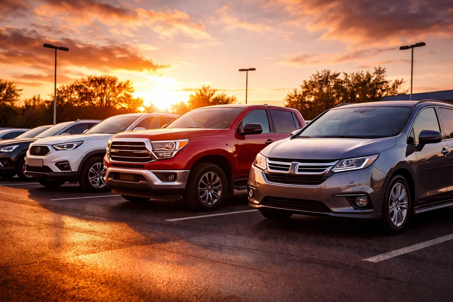 Lineup of sedans, SUVs, trucks, and minivans at Roseville Kia lot at sunset, showcasing vehicle selection and variety